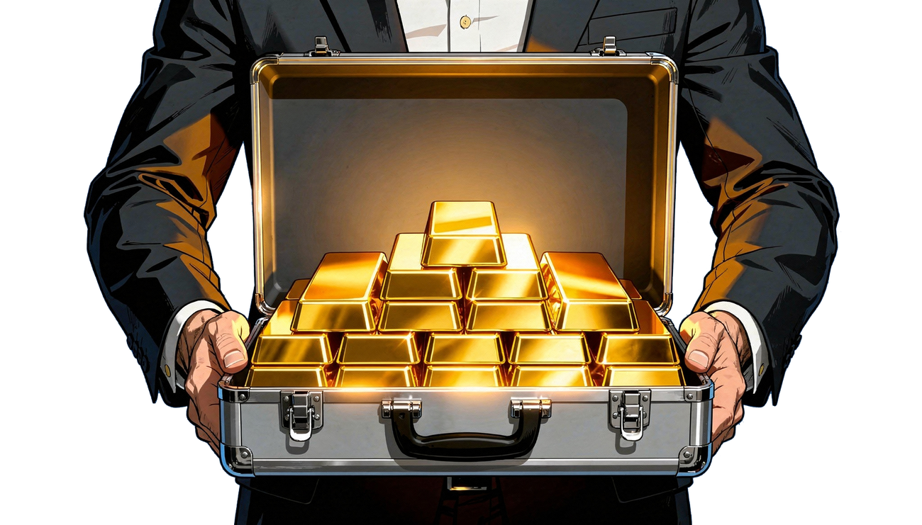 Courier holding a briefcase full of gold bars